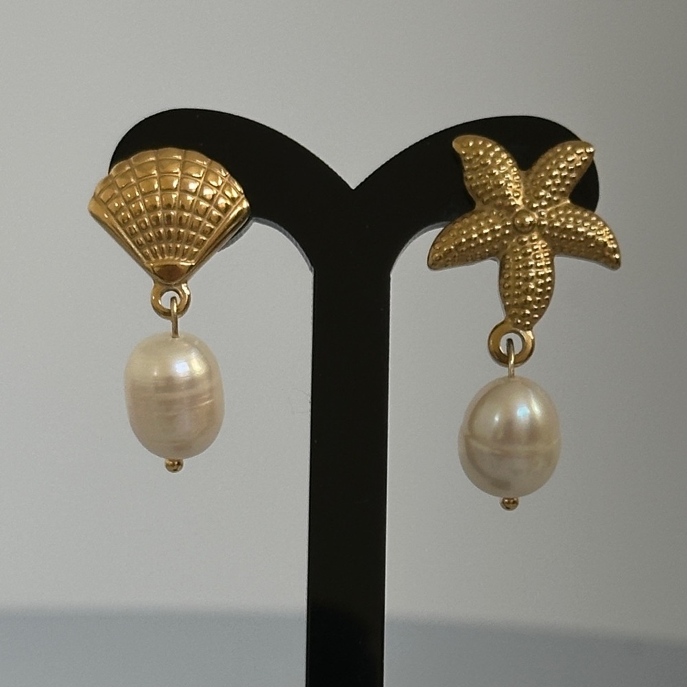 Gold Starfish and Shell Real Pearl Earrings